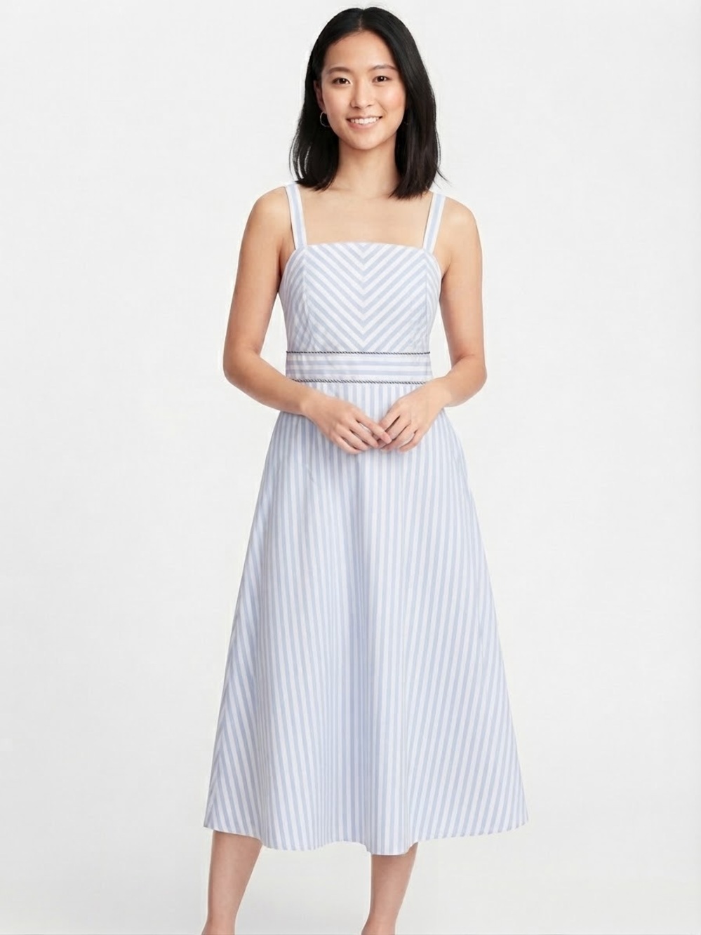 LOFT Outlet Blue White Striped Midi Dress Size 6 Pockets Cotton